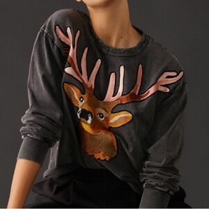Anthropologie Tiny Embroidered Reindeer Crewneck Sweatshirt